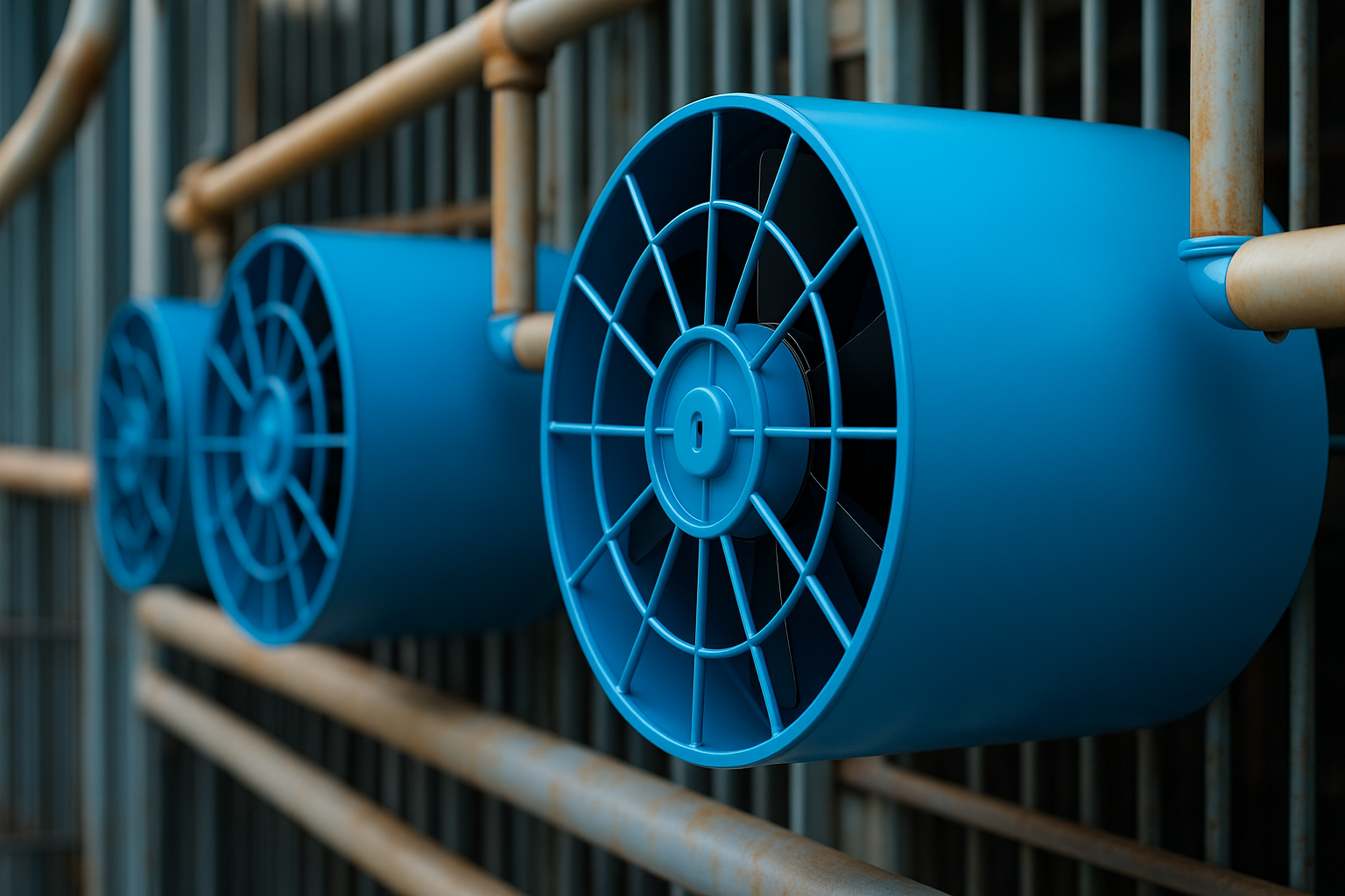 Industrial fans - blue heavy-duty ventilation fans with protective grilles in industrial setting