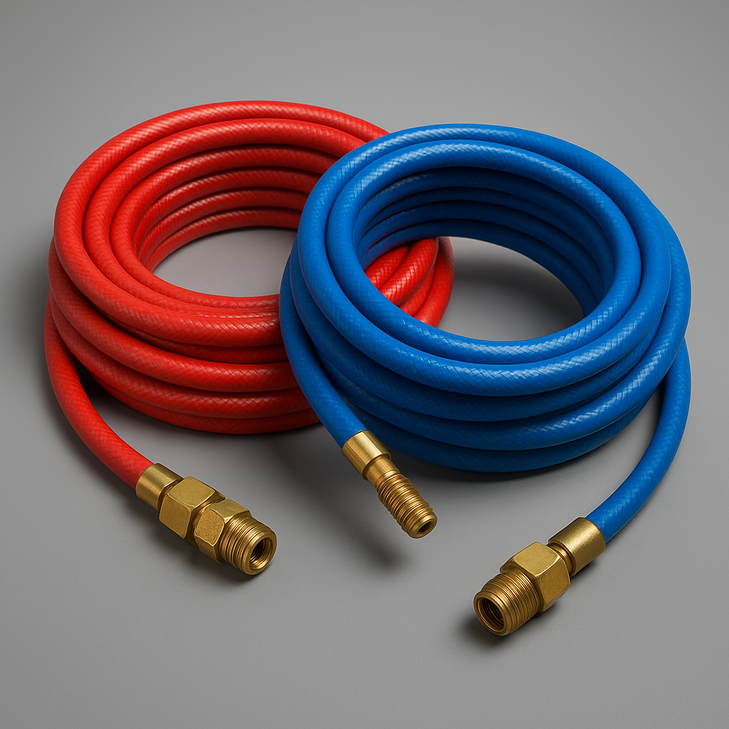 Air and water hoses - industrial grade red and blue hoses with brass fittings and connectors