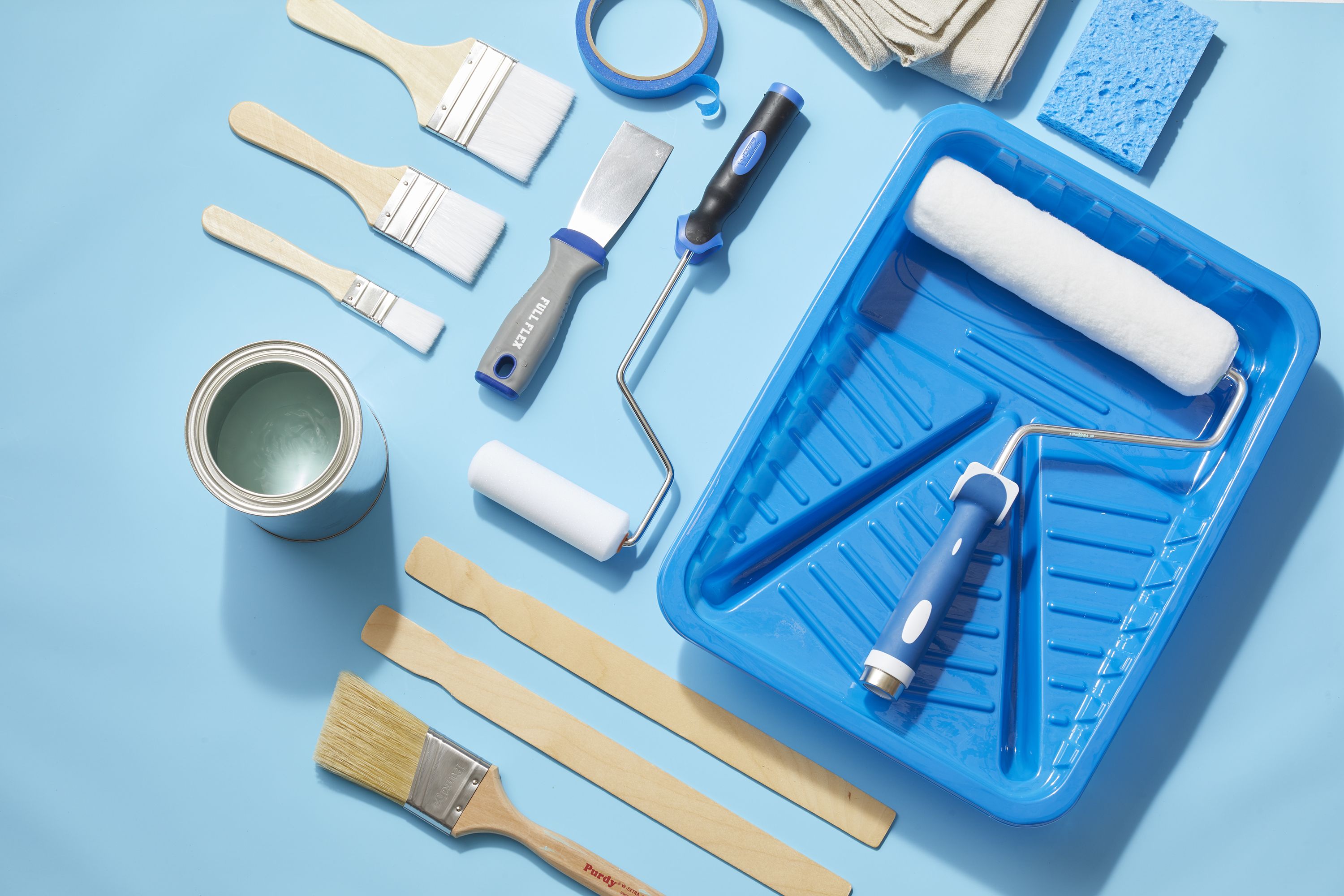 Painting materials - comprehensive paint supplies including brushes, rollers, paint cans, and accessories