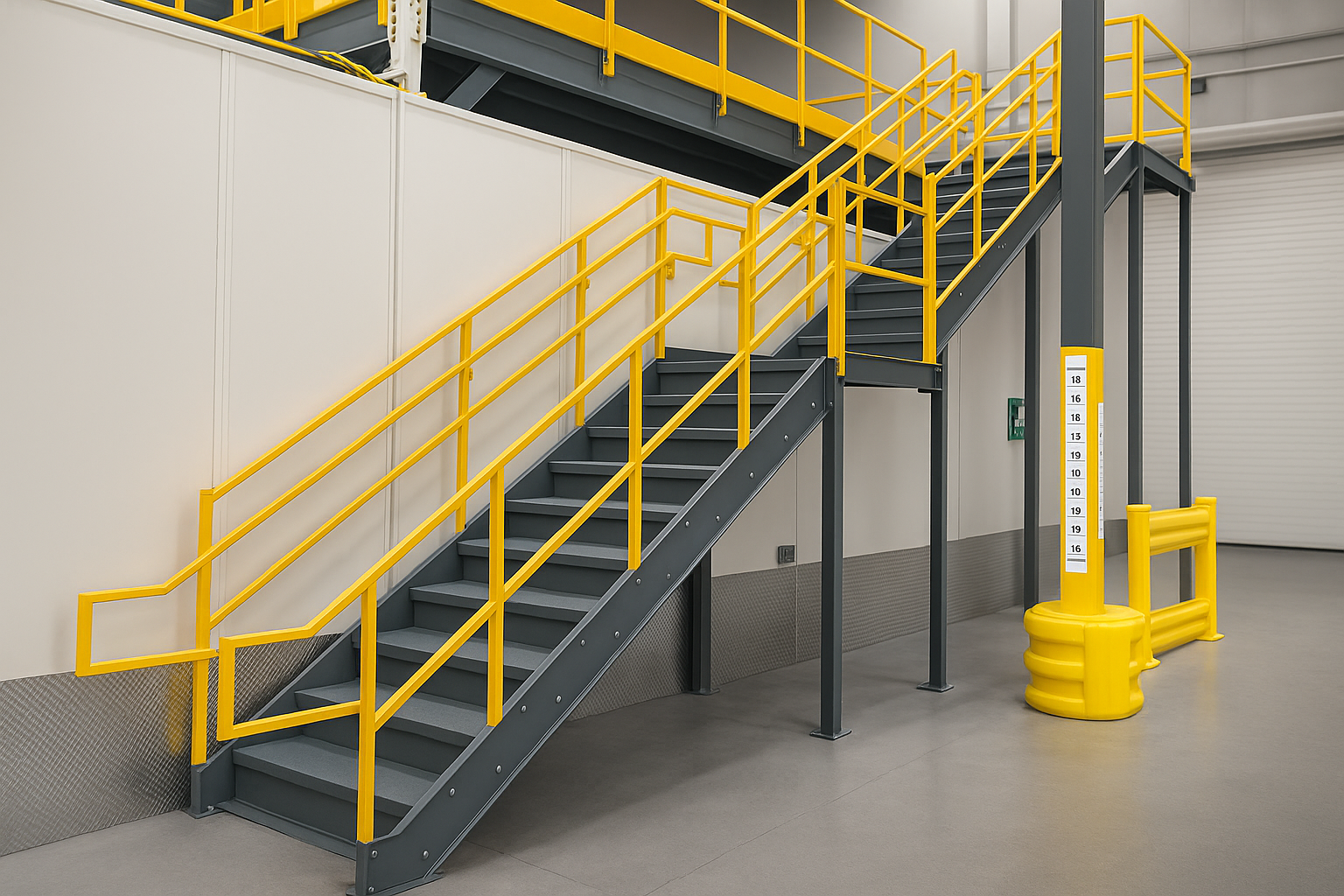 Industrial metal stairs with yellow safety railings in warehouse setting